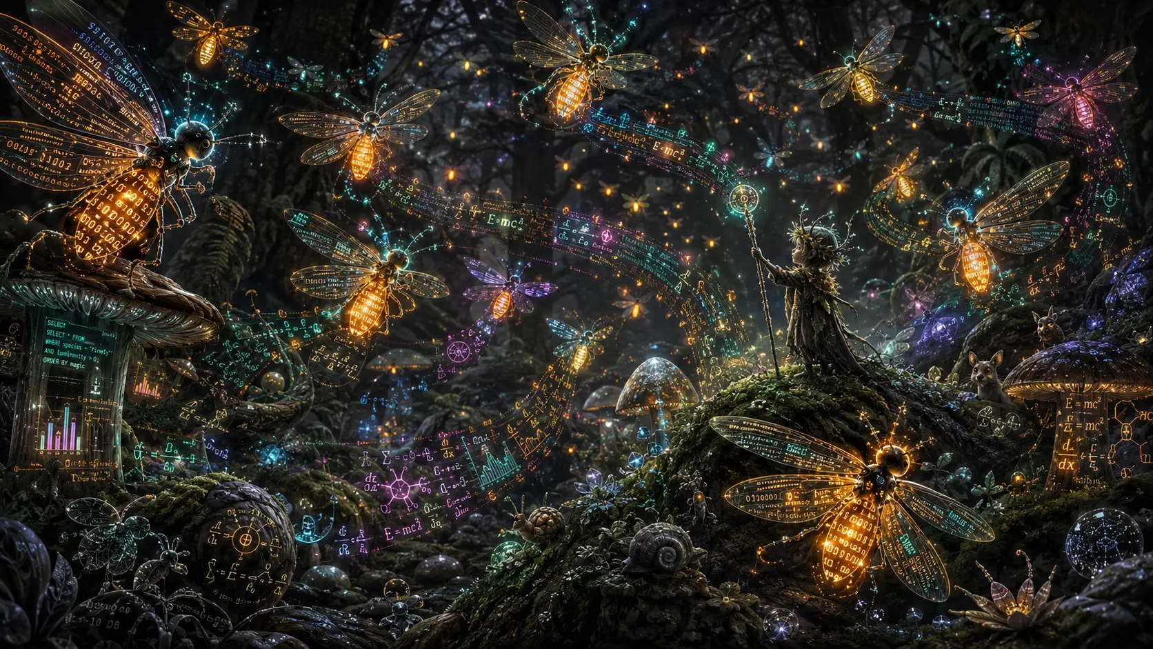 Minuscule esprit de la forêt dirigeant des lucioles de données lumineuses