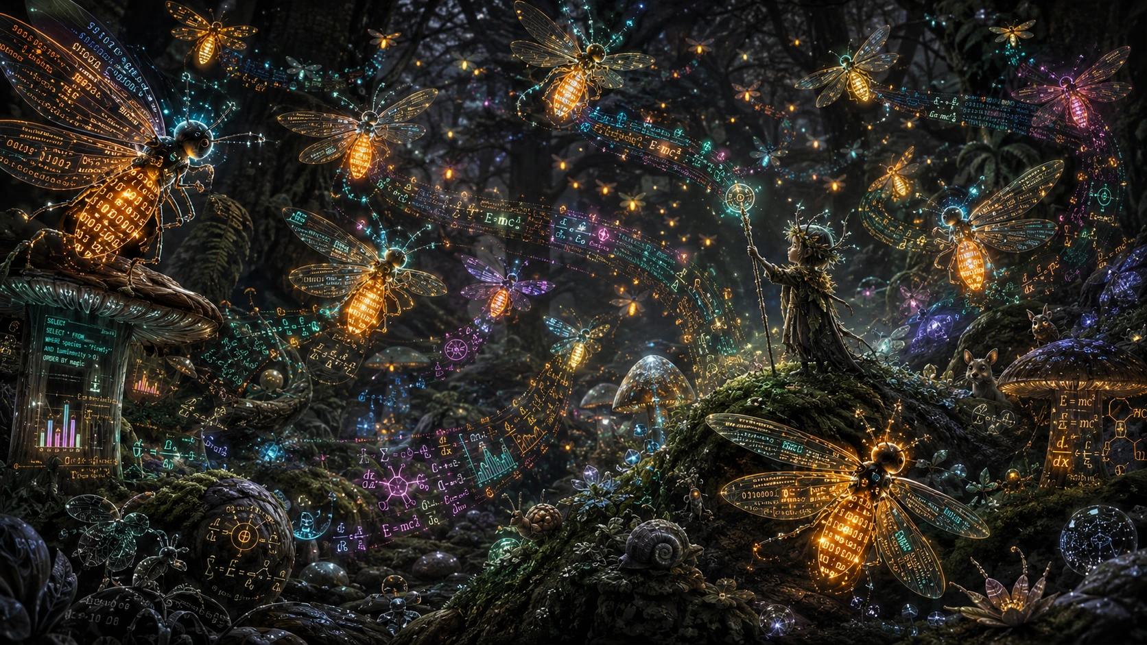 Tiny forest sprite conducting luminous data fireflies