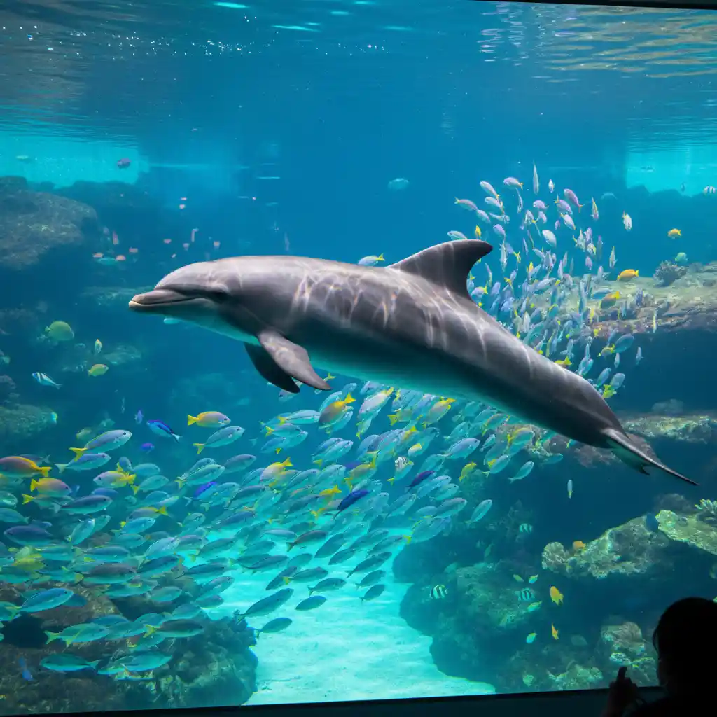 Anmutiger Delfin schwimmt in klarem Aquarium mit Fischen