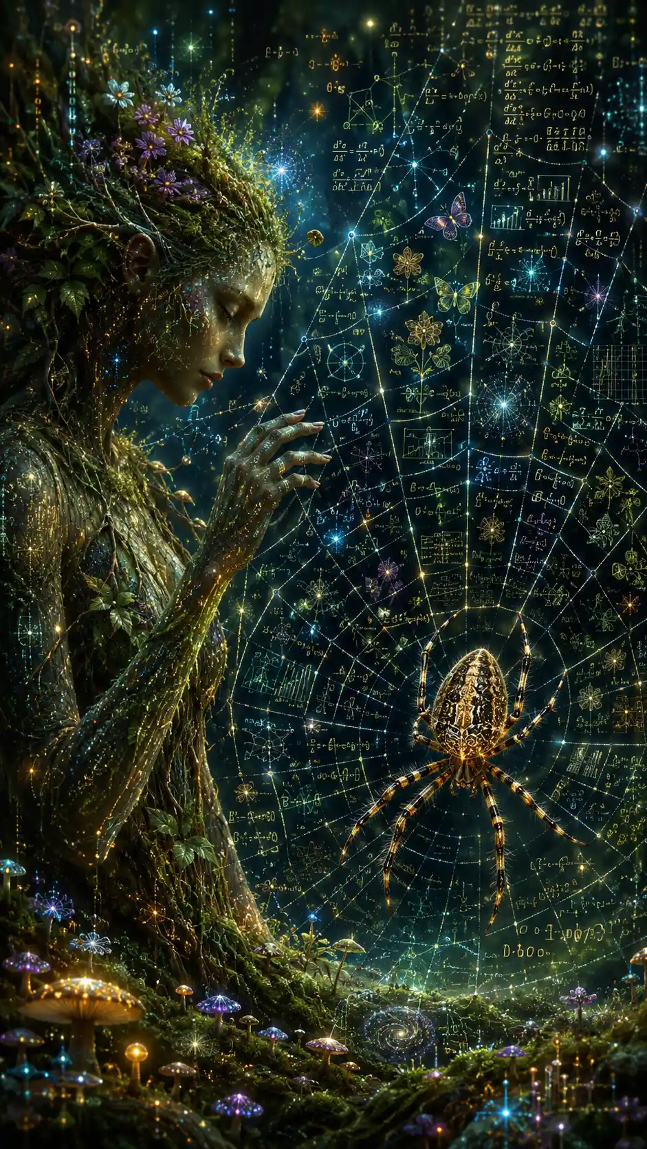 Tree spirit beside spider weaving a luminous data web
