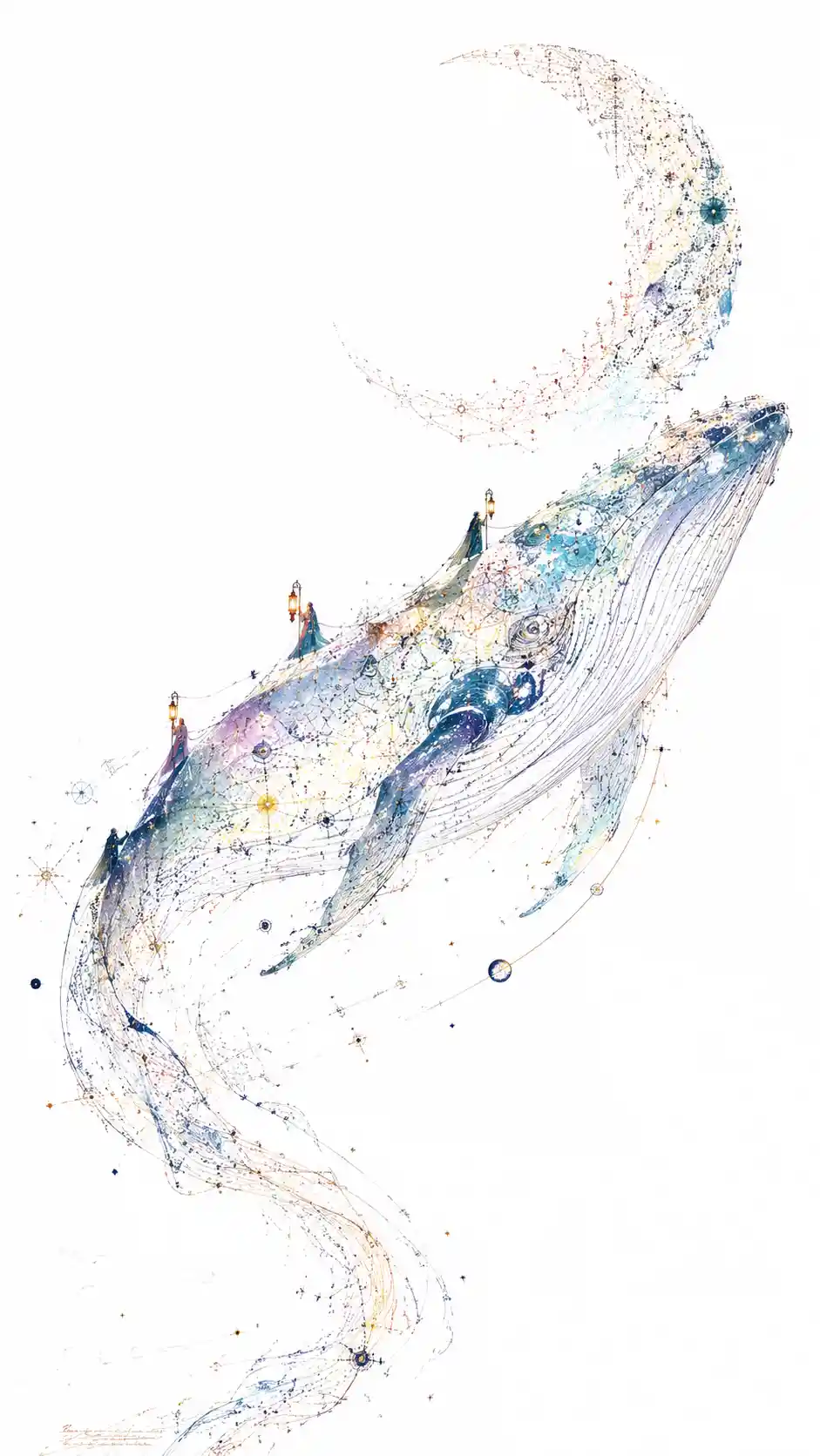 Celestial data whale gliding through empty white sky