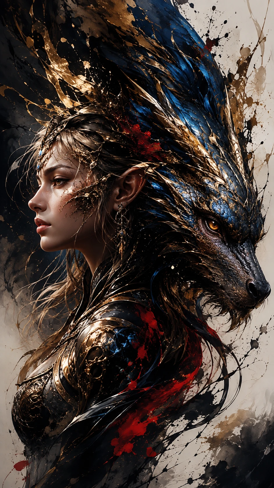 Fairy warrior and dragon fused in mythic fantasy portrait