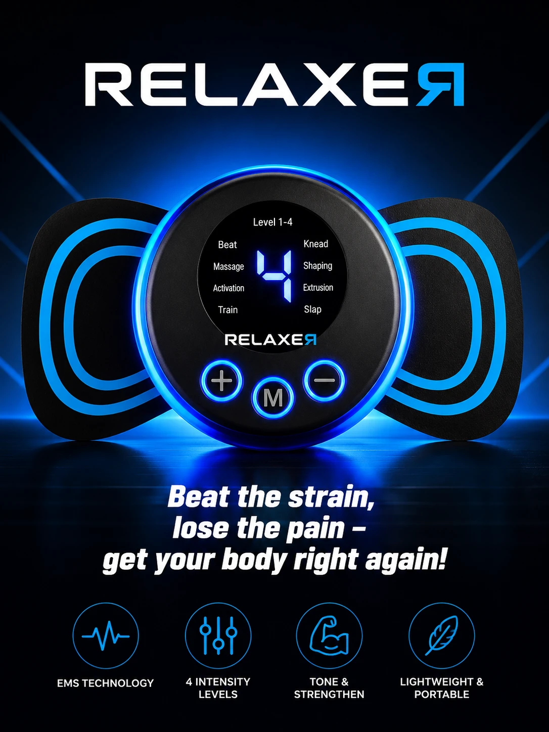 Studio close up of a mini EMS muscle massager device