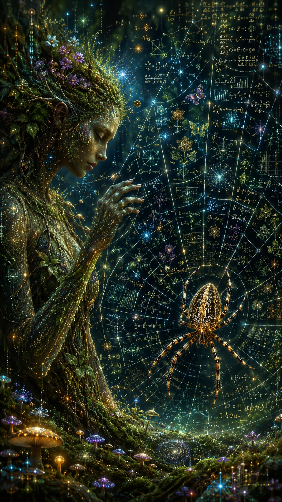 Tree spirit beside spider weaving a luminous data web