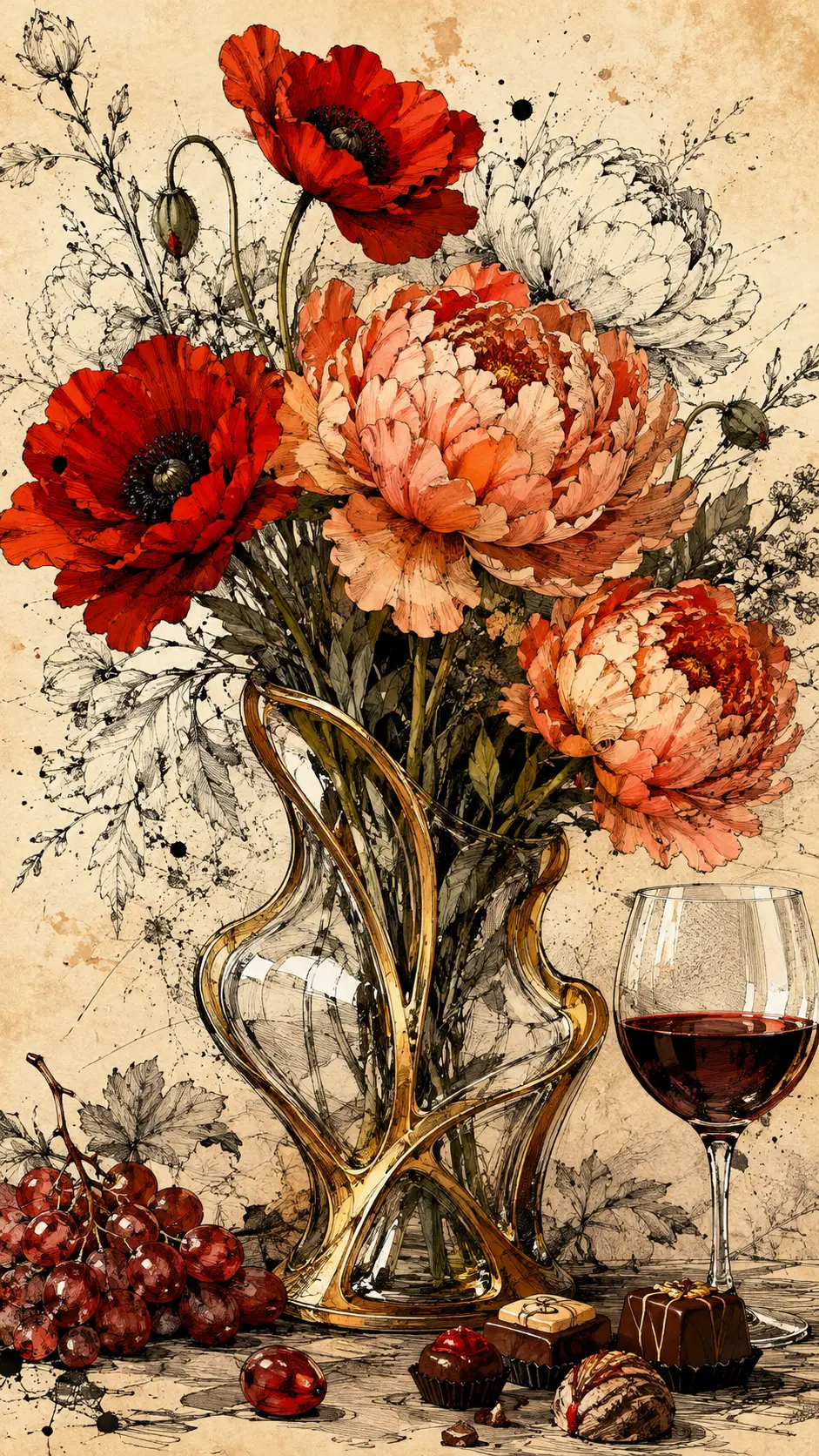 Ink and charcoal close up of flowers in a decorative vase