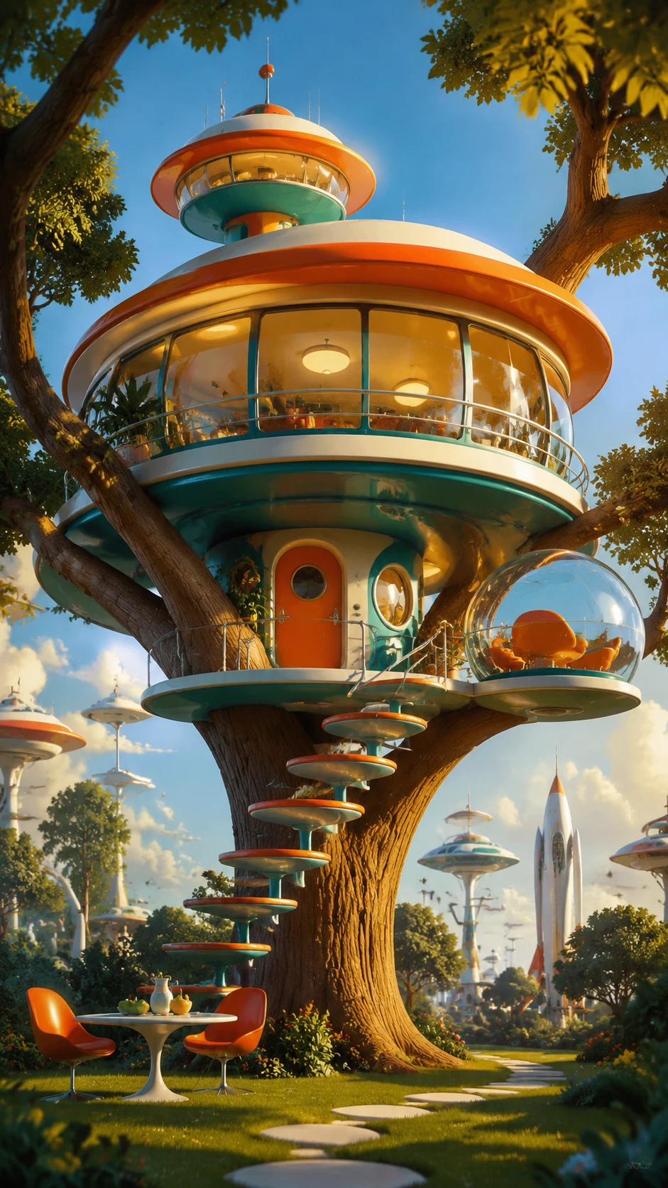 Futuristic rounded treehouse nestled in a bold space age setting