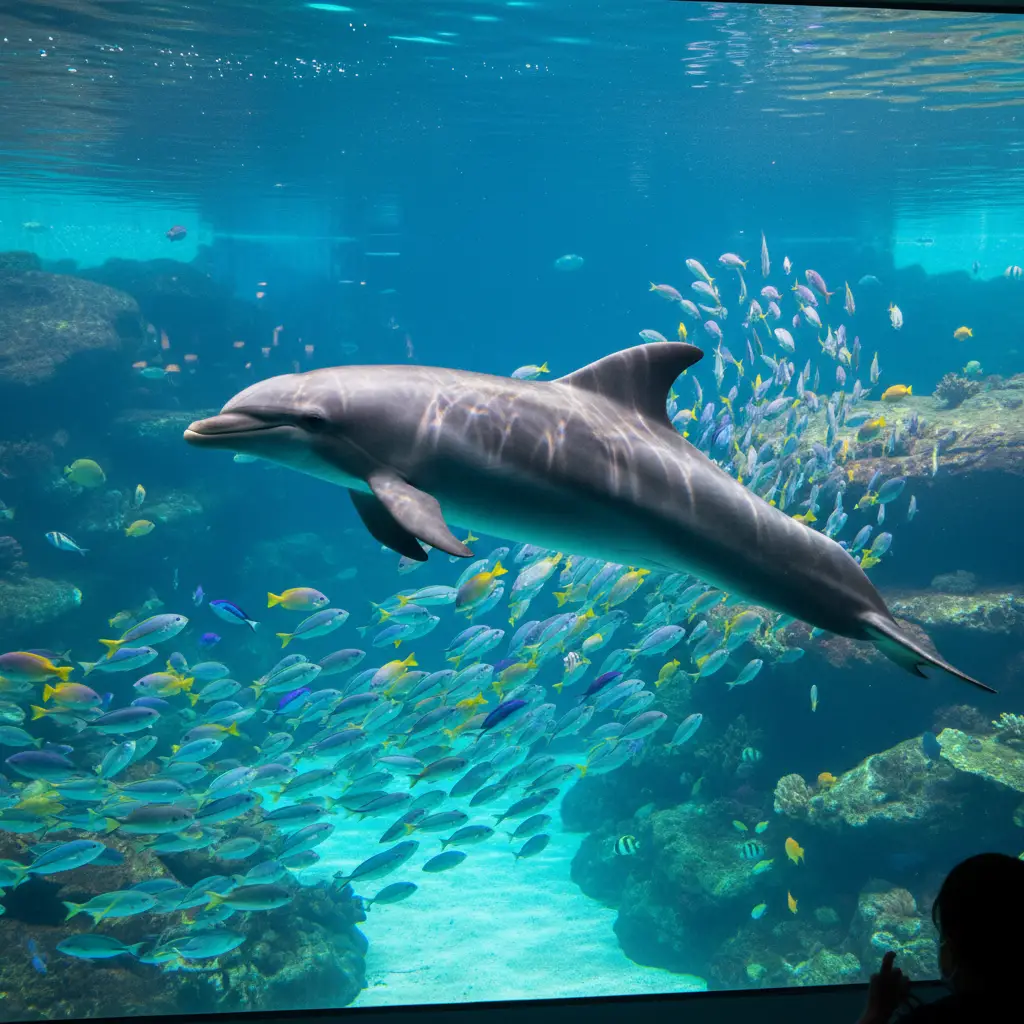 Graceful dolphin swimming in a clear aquarium with fish