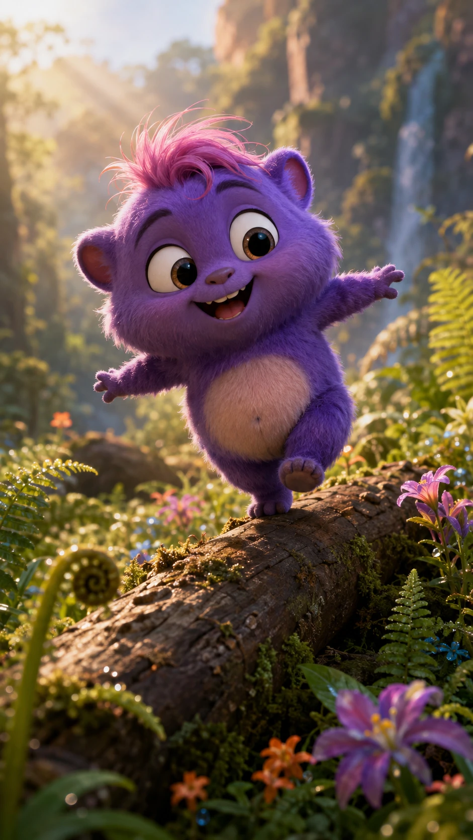 Playful purple fantasy creature balancing on a forest log