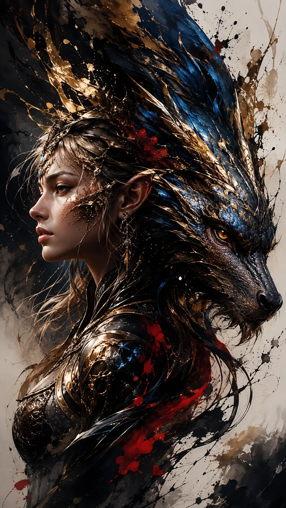 Fairy warrior and dragon fused in mythic fantasy portrait
