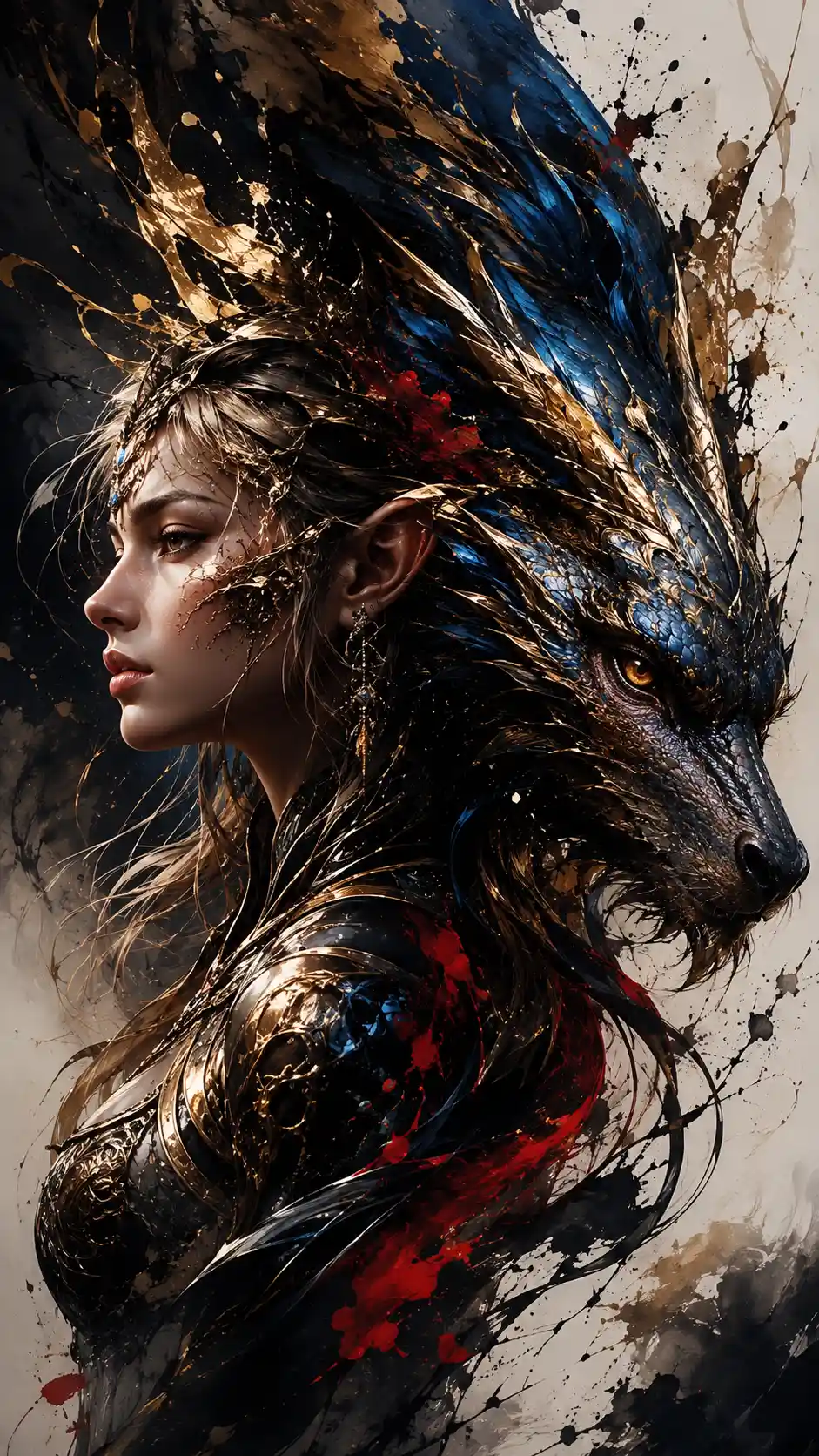 Fairy warrior and dragon fused in mythic fantasy portrait