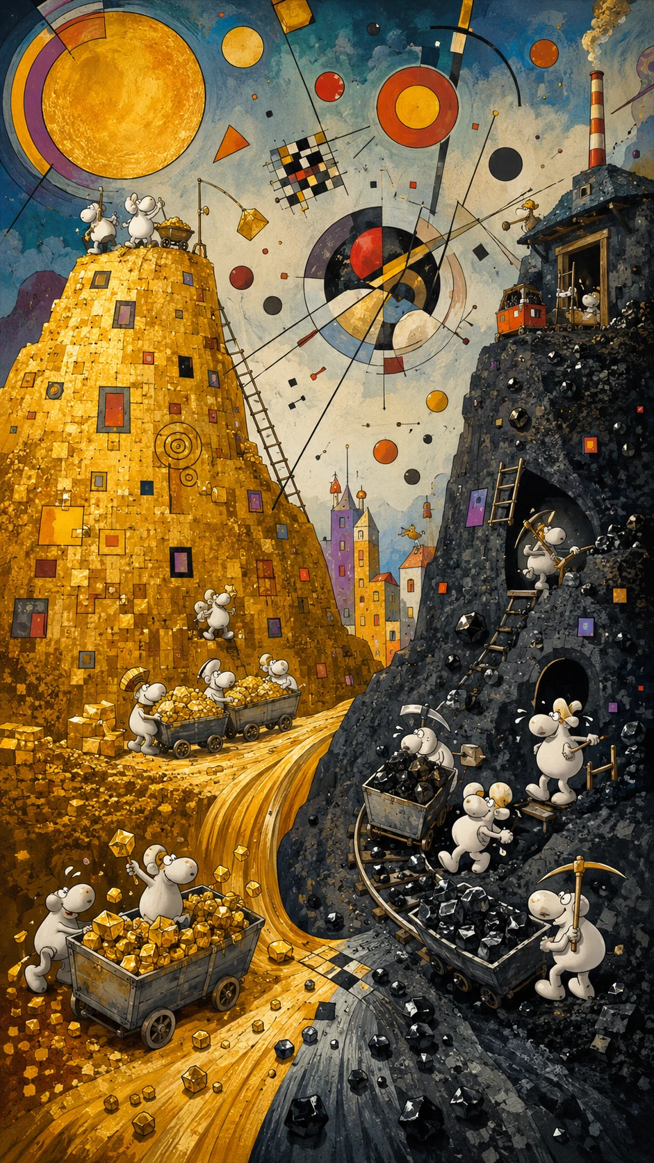 Surreal abstract scene of gold and coal in vibrant colors
