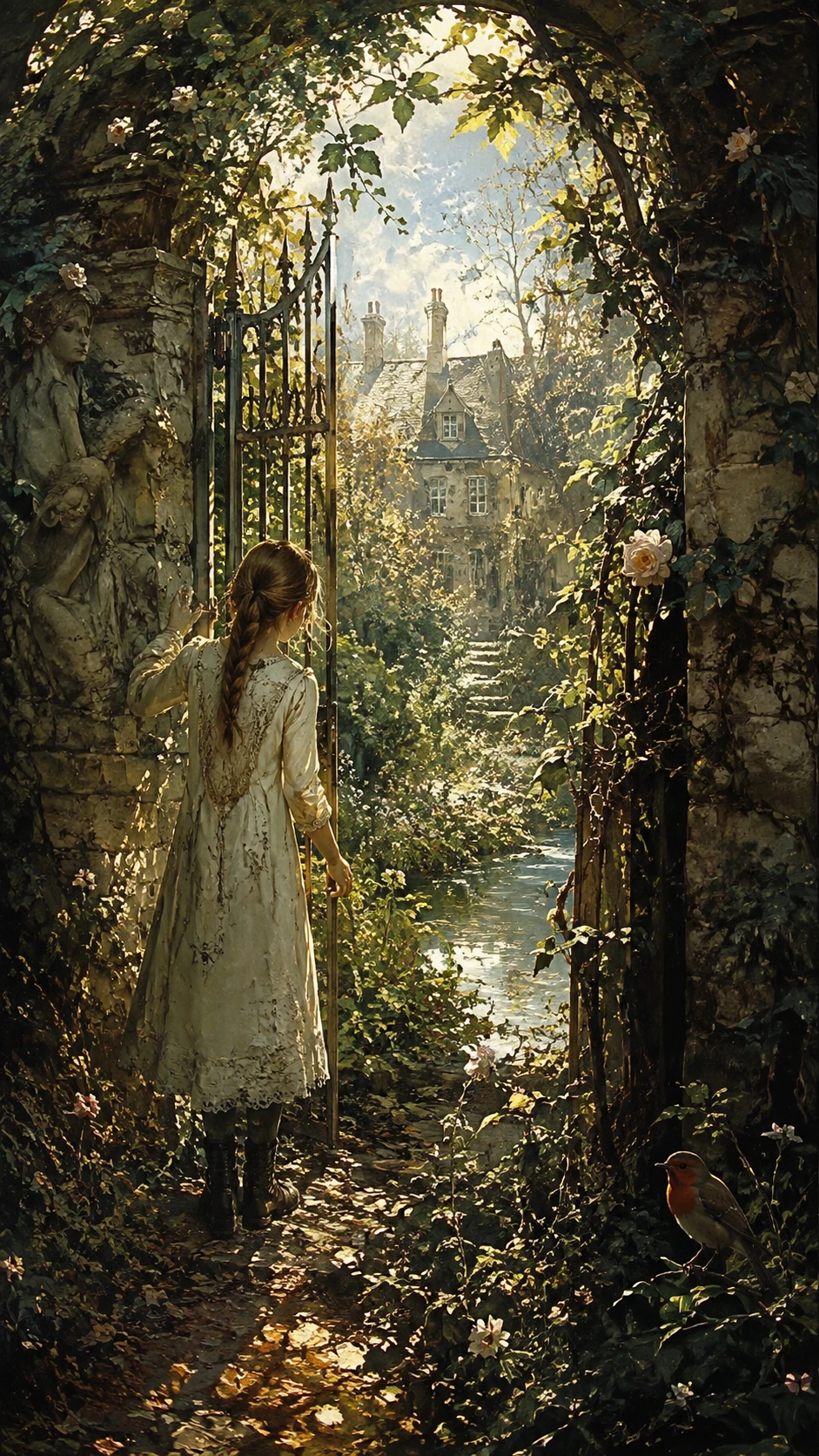 Enchanted forgotten garden glowing with mysterious sunlight