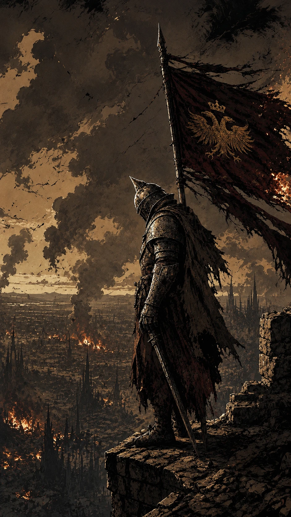 Dark fantasy comic illustration with bold ink silhouettes