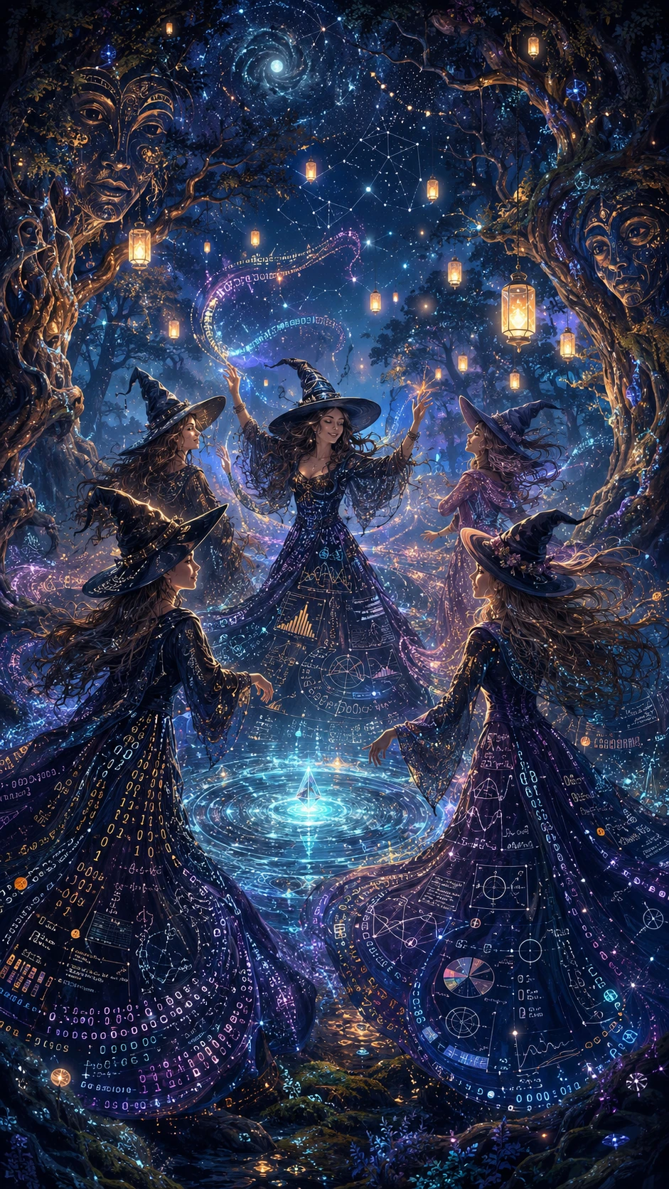 Elegant witches dancing around a glowing crystal pool
