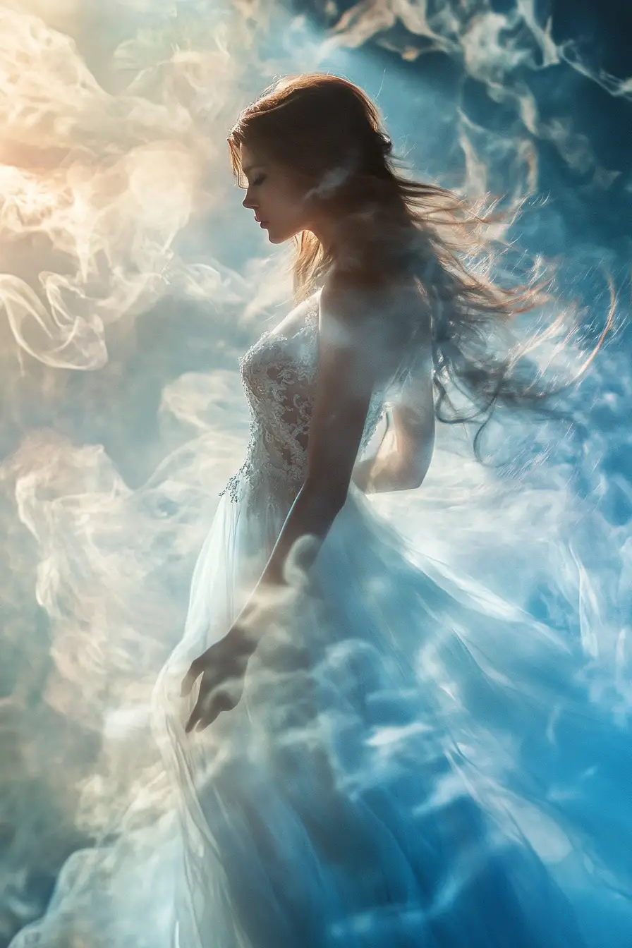 Mystical woman glowing in a dreamlike misty landscape