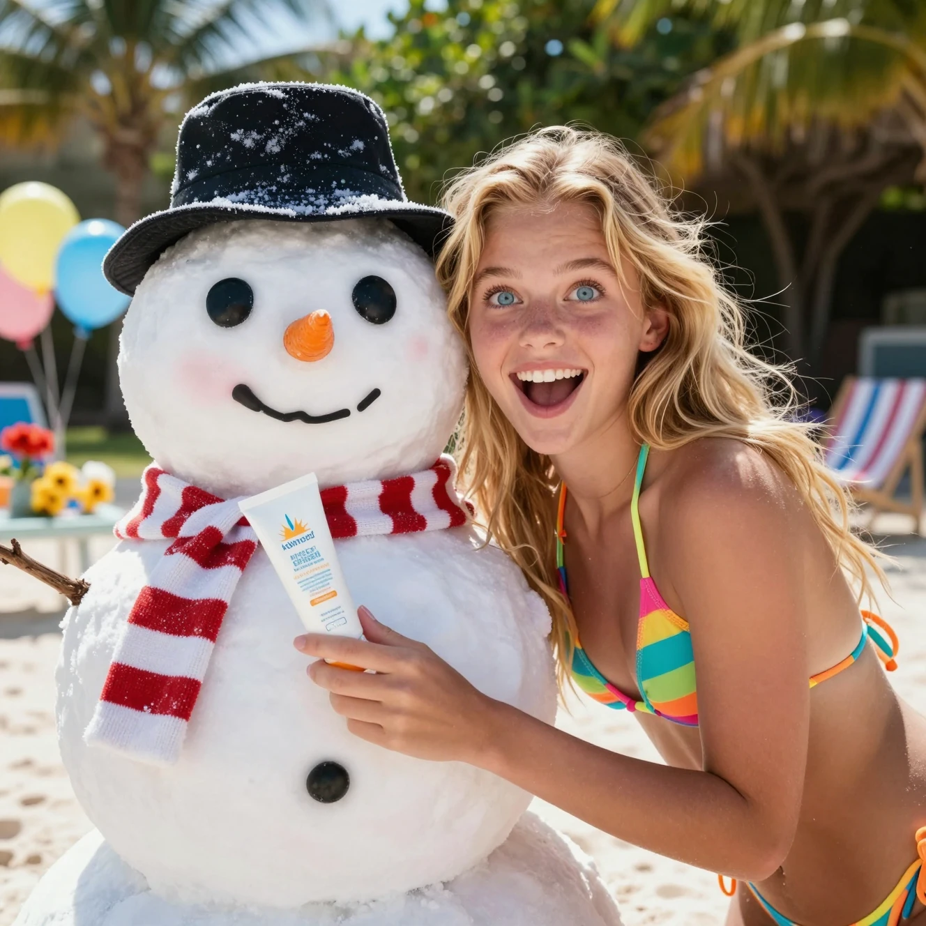 Surprised girl posing with a melting snowman on the beach