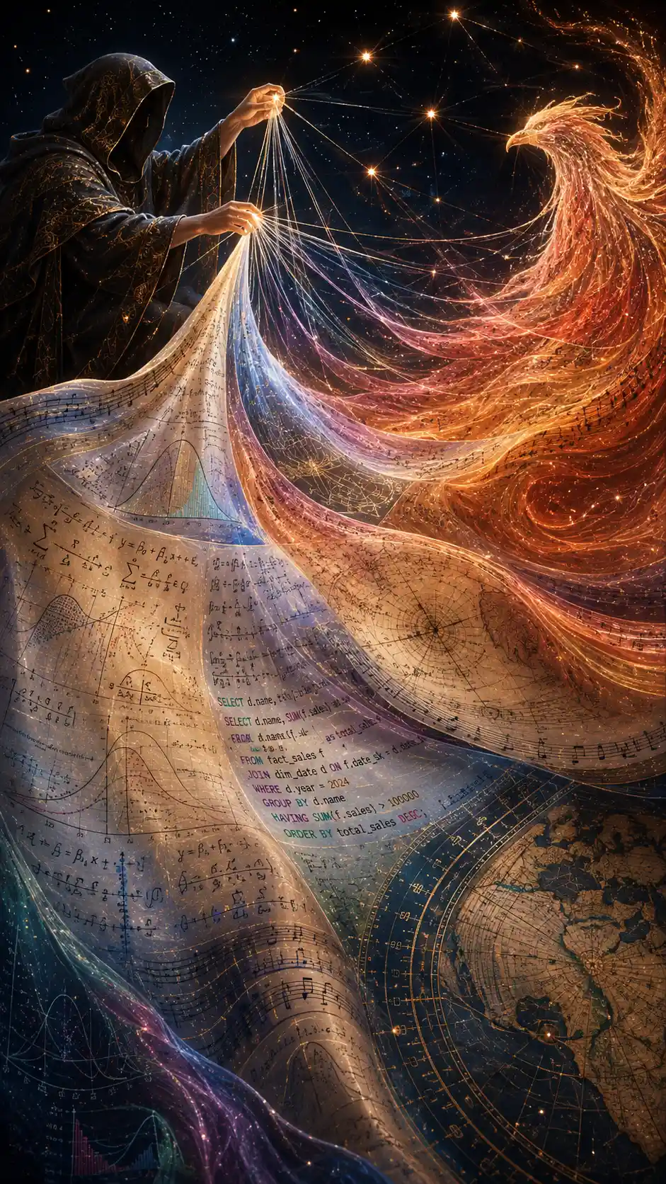Mysterious figure weaving a cosmic tapestry of data and stars