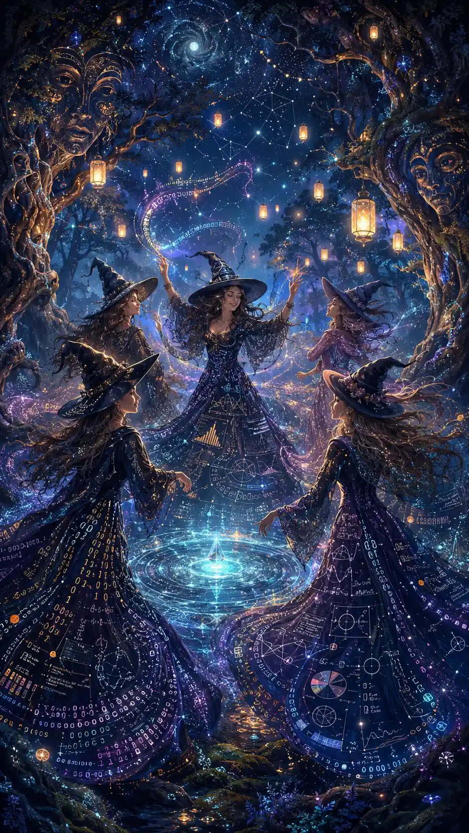 Elegant witches dancing around a glowing crystal pool