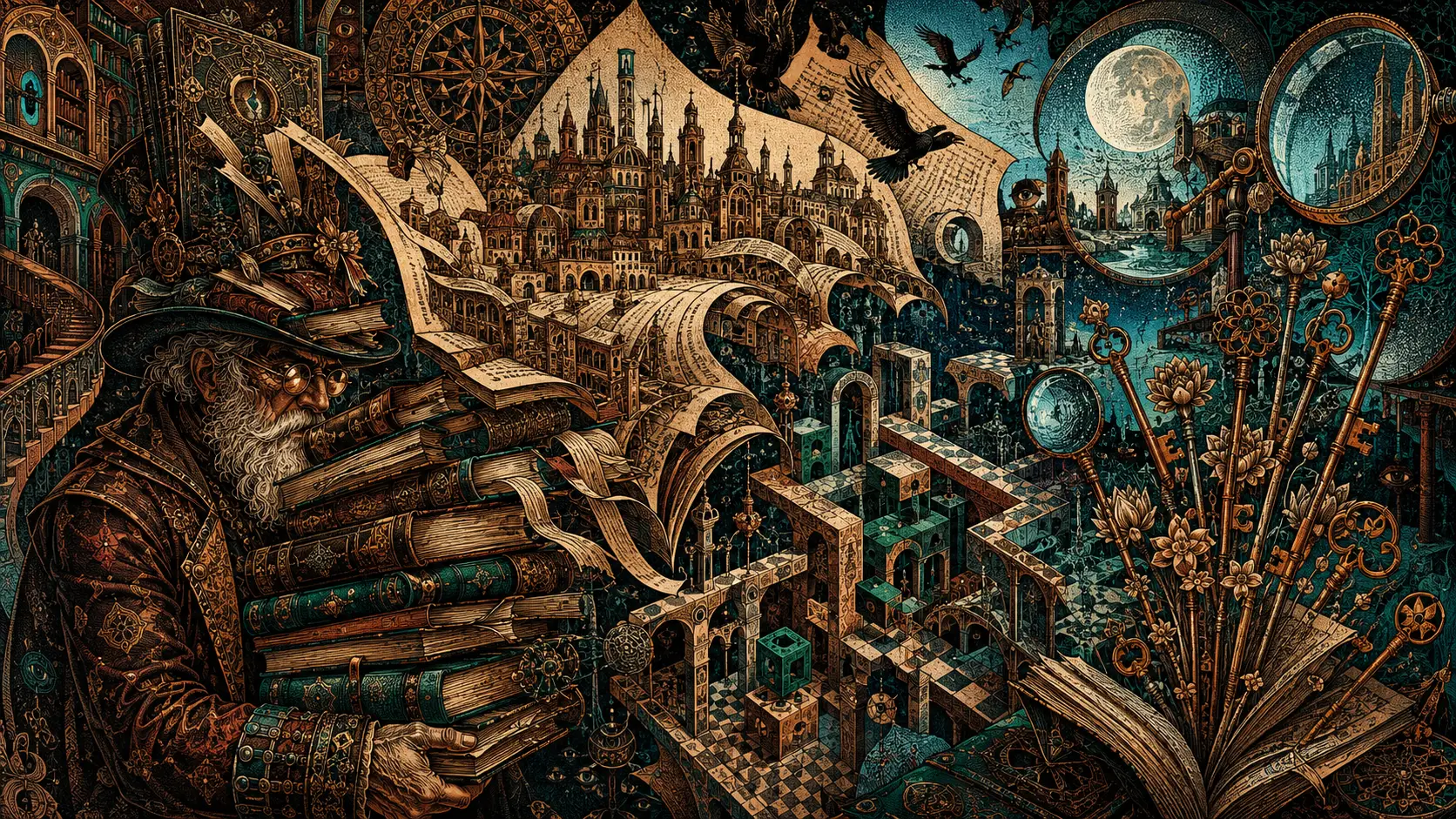 Ancient librarian bearing towering books that unfold into cities
