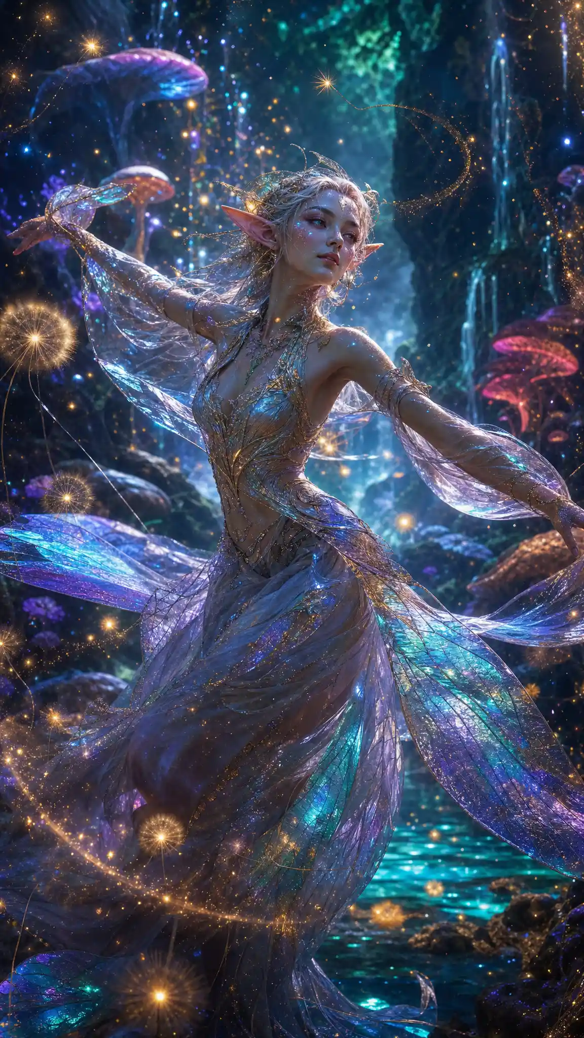 Celestial woodland elf dancing in a glowing ancient forest
