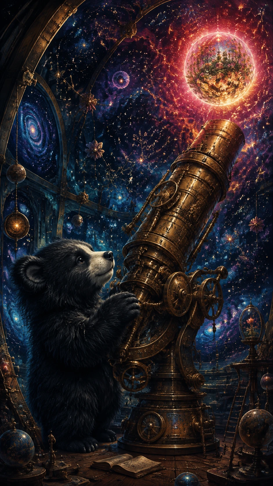 Shaggy sloth bear astronomer in a vast brass observatory