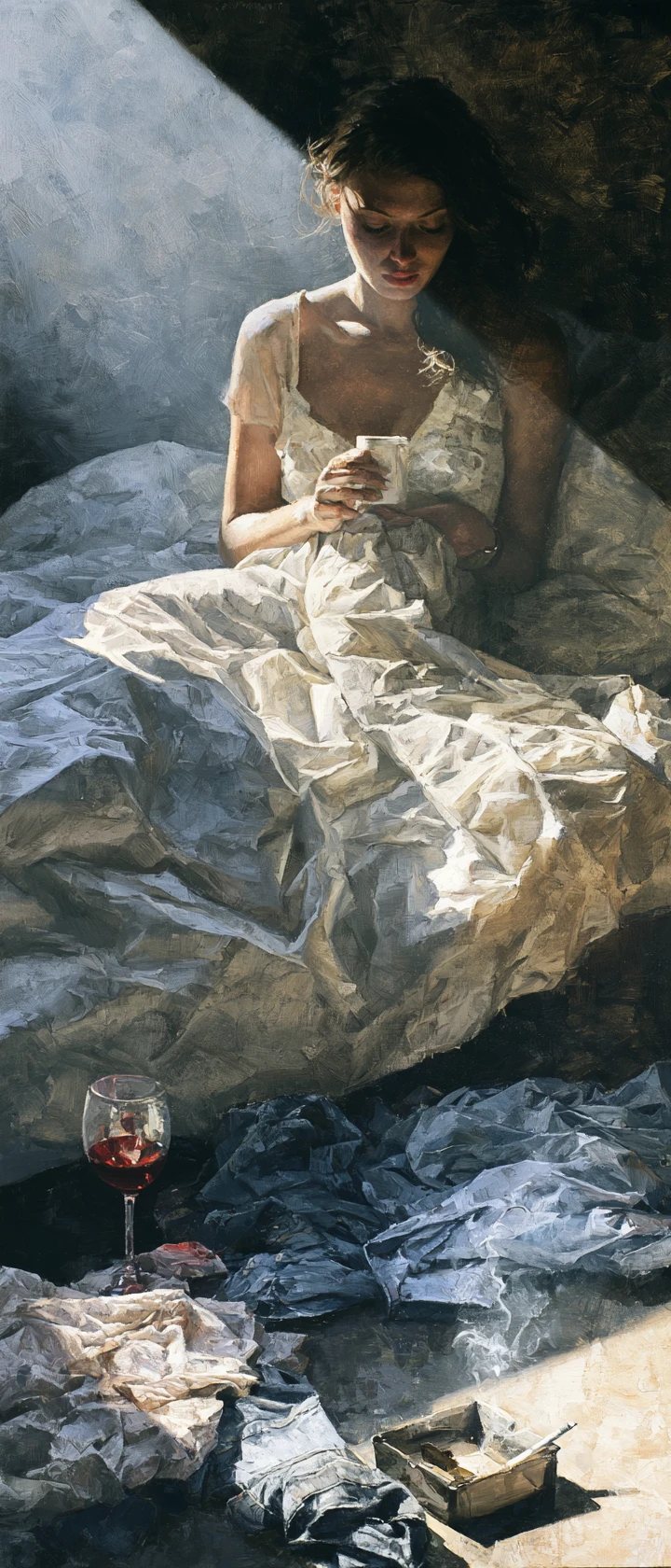 Woman waking in bed with soft morning sunlight