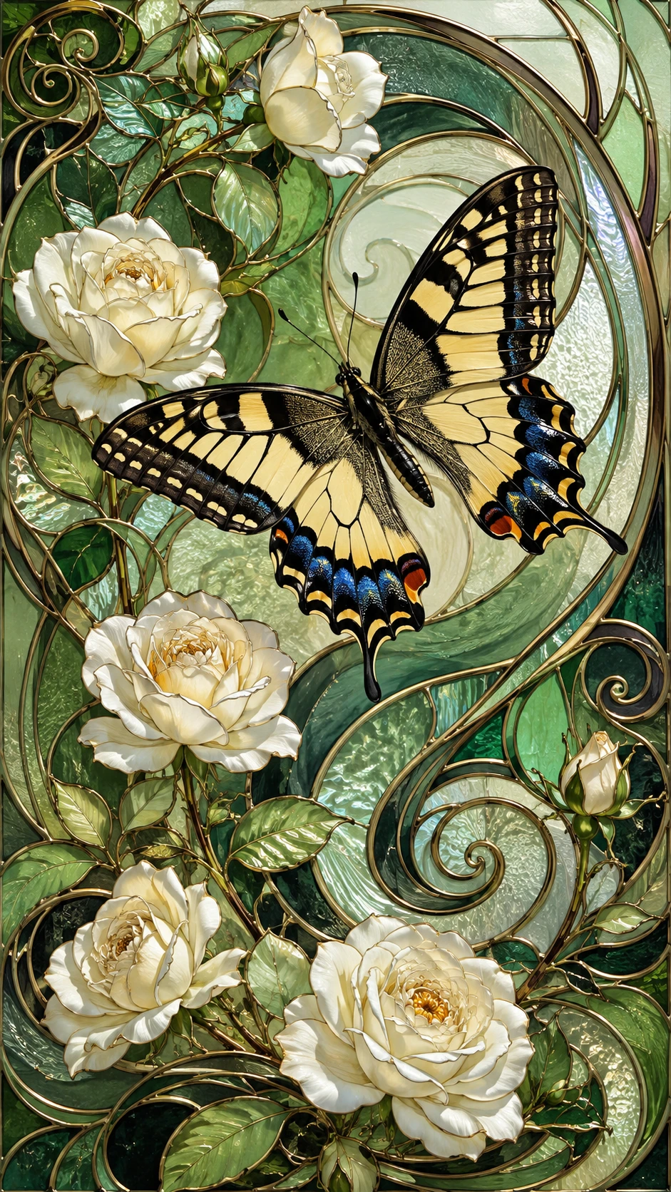 Art Nouveau butterfly with white roses on glass background
