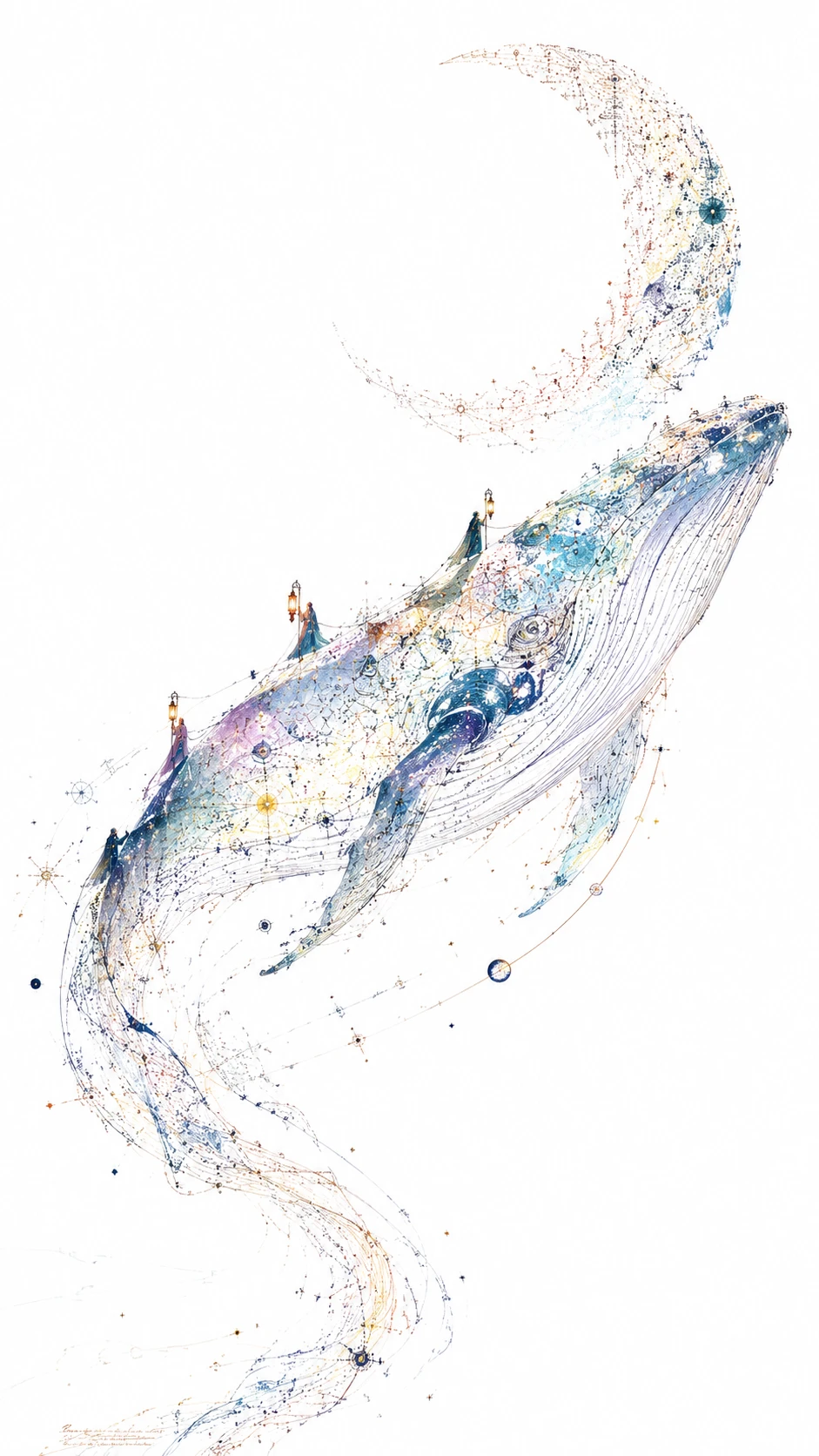Celestial data whale gliding through empty white sky