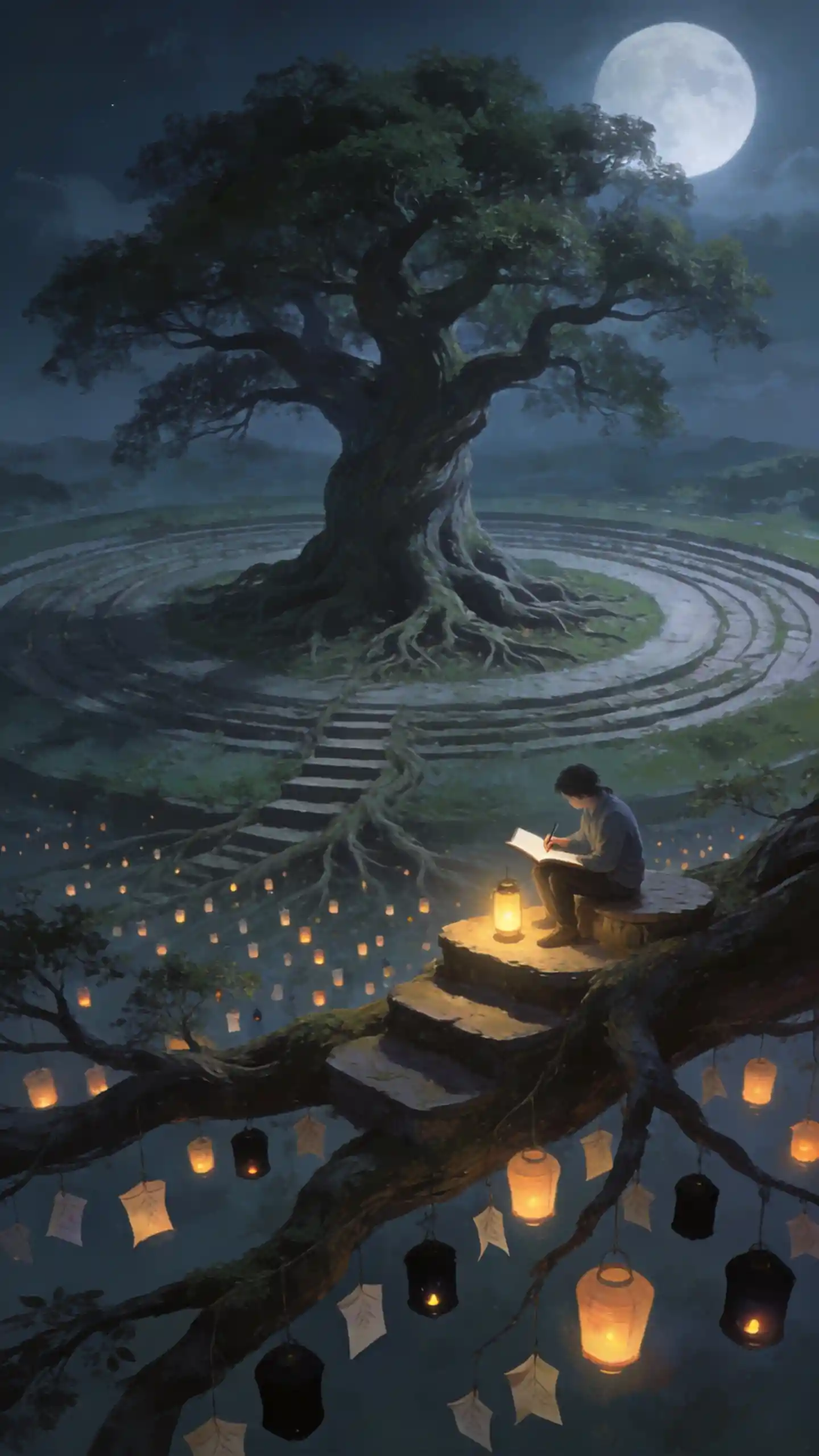 Ancient Tree Lantern Sanctuary In A Moonlit Forest Clearing