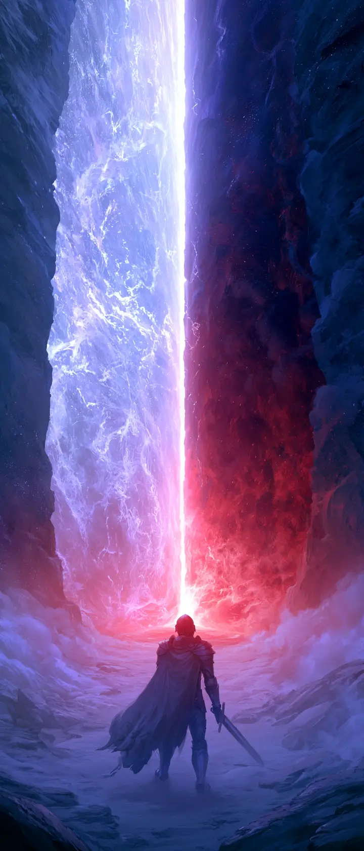 Armored warrior facing a glowing portal between light and shadow