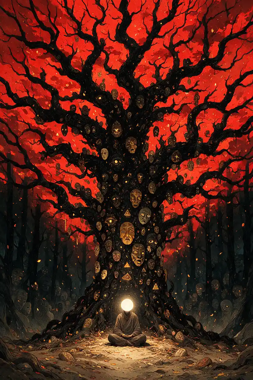 Meditating figure beneath a colossal black tree of faces