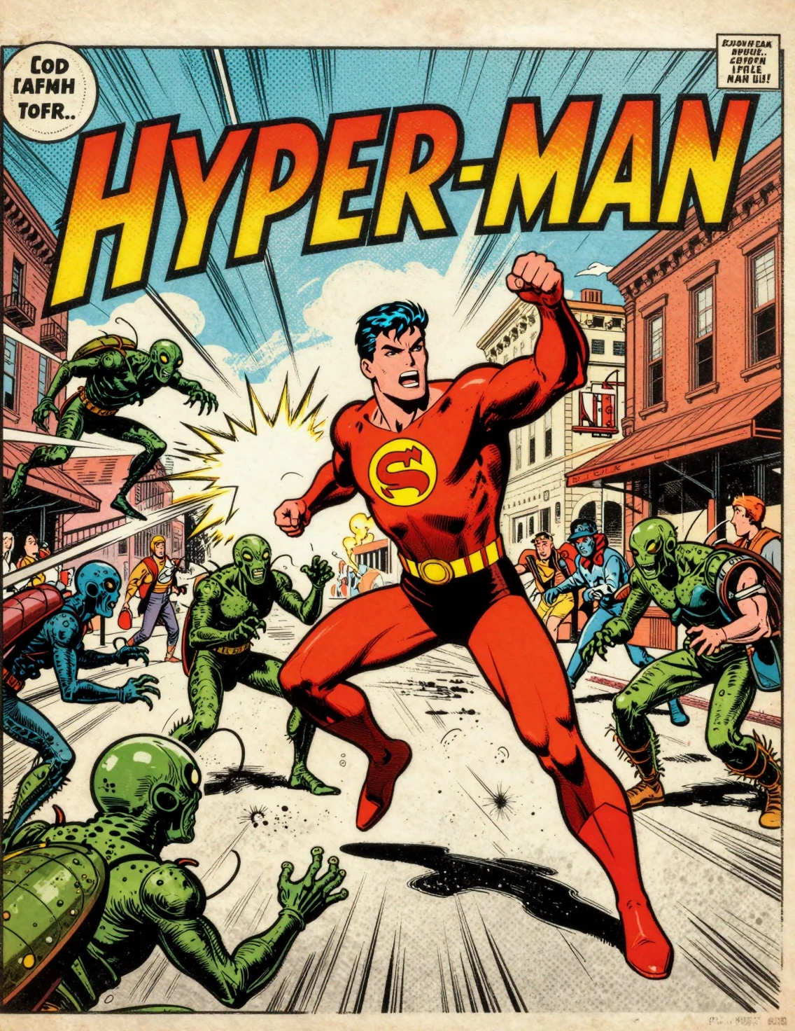 Vintage superhero battling aliens on a small town street