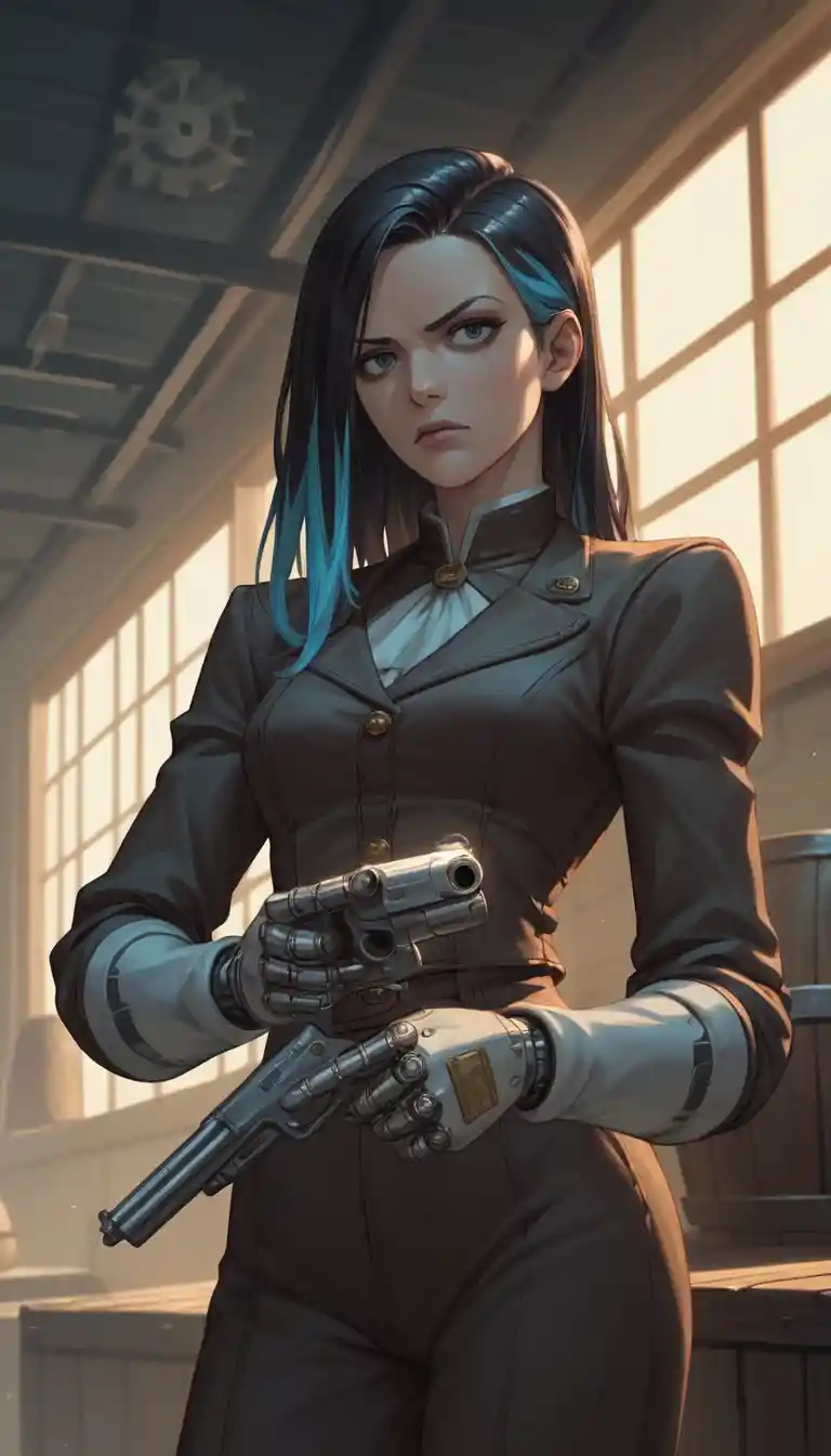 Cyborg-Cowgirl zielt mit futuristischem Revolver im Saloon