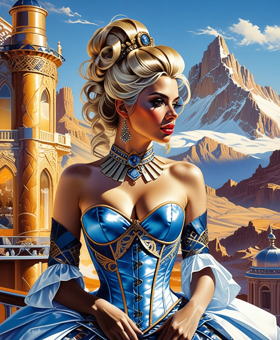 Elegant fantasy woman in corset before neon mountain twilight
