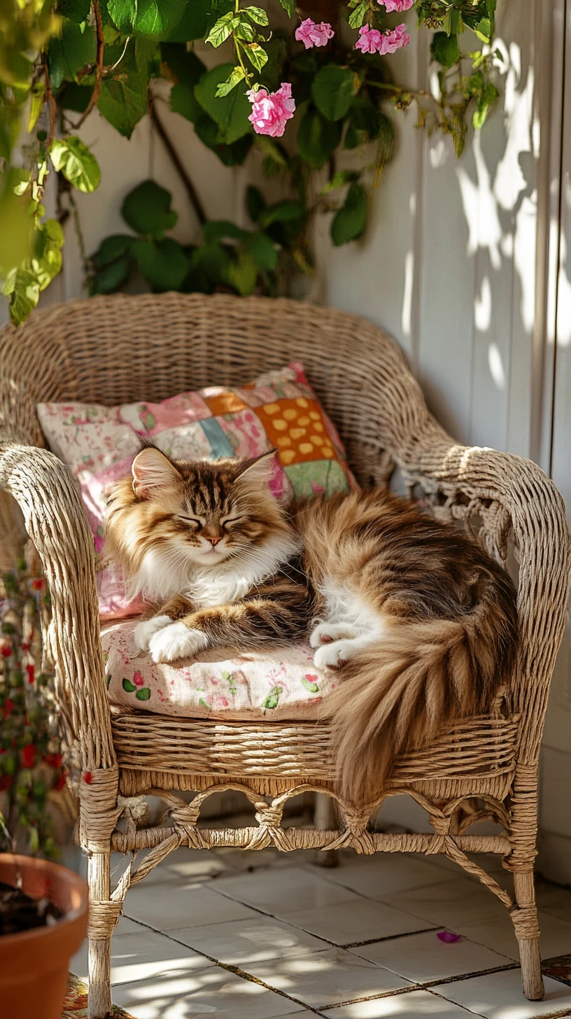 Sleeping kitten on rattan armchair in warm porch light