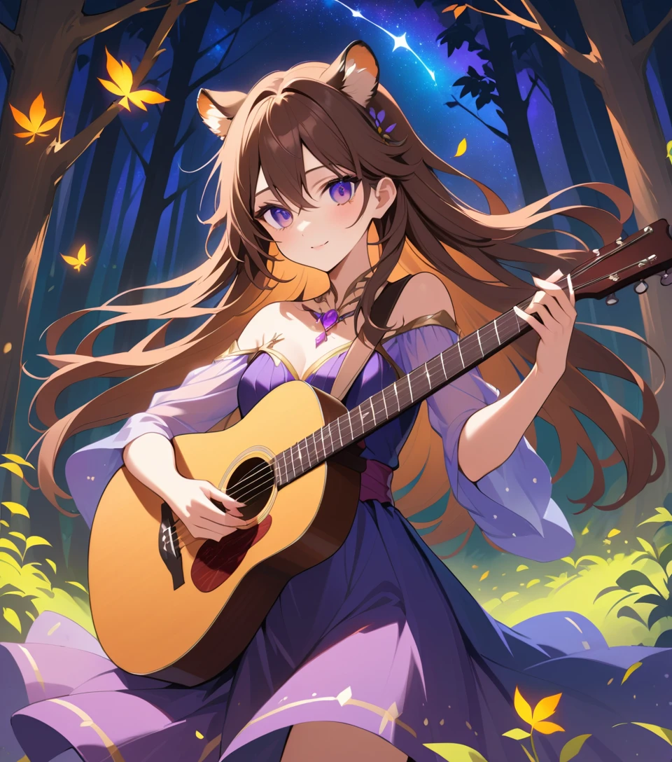 Fantasy woman with guitar in an enchanted forest