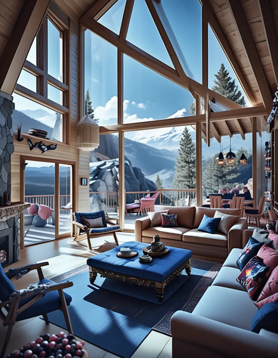 Luxury mountain cabin interior in stylized isometric view