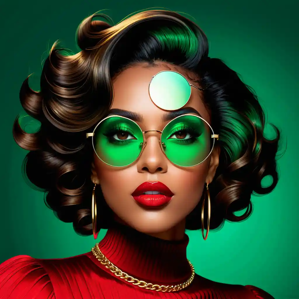 Caricature portrait of a woman with oversized green glasses