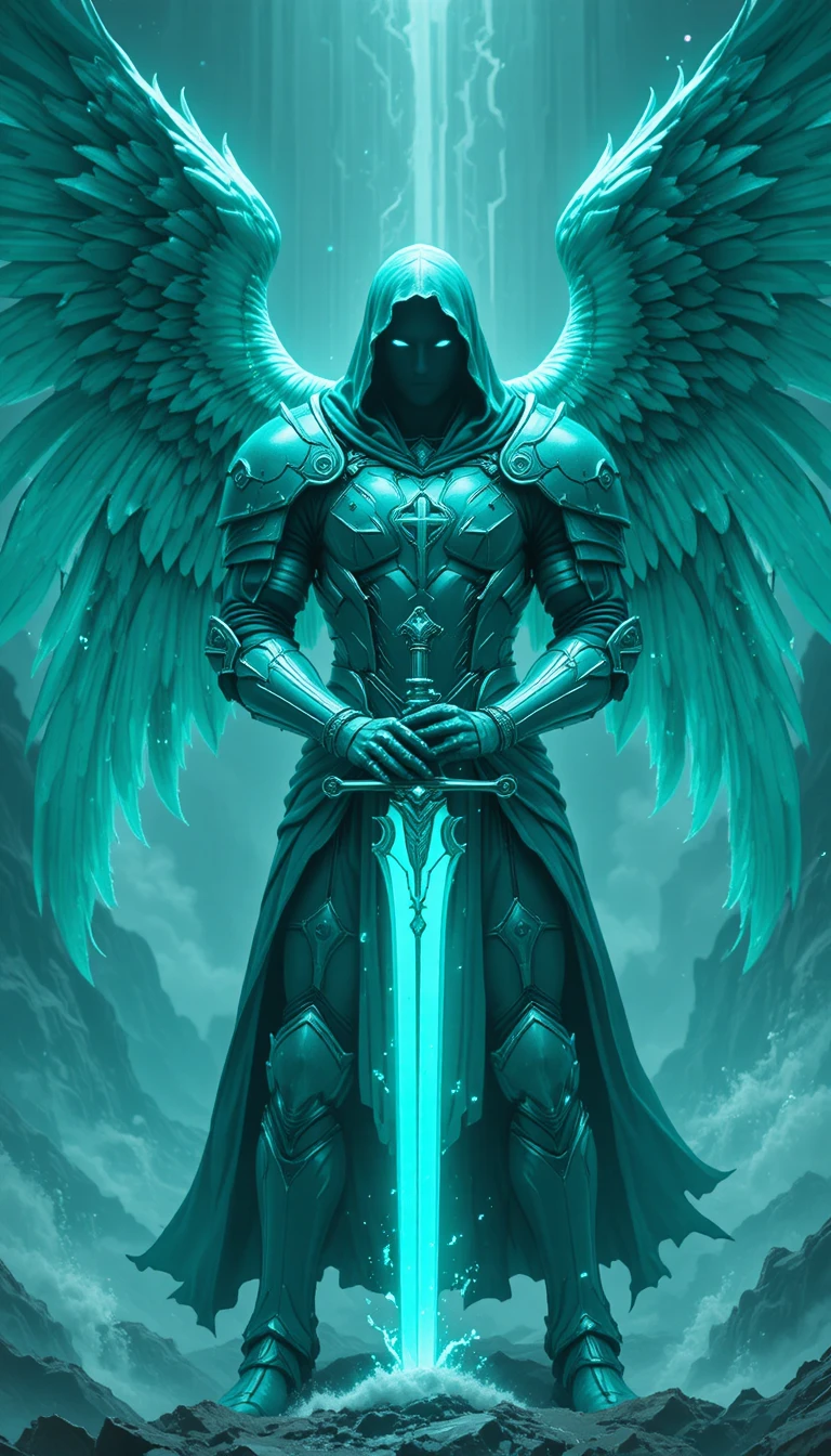 Turquoise Armored Archangel With Glowing Wings In Storm