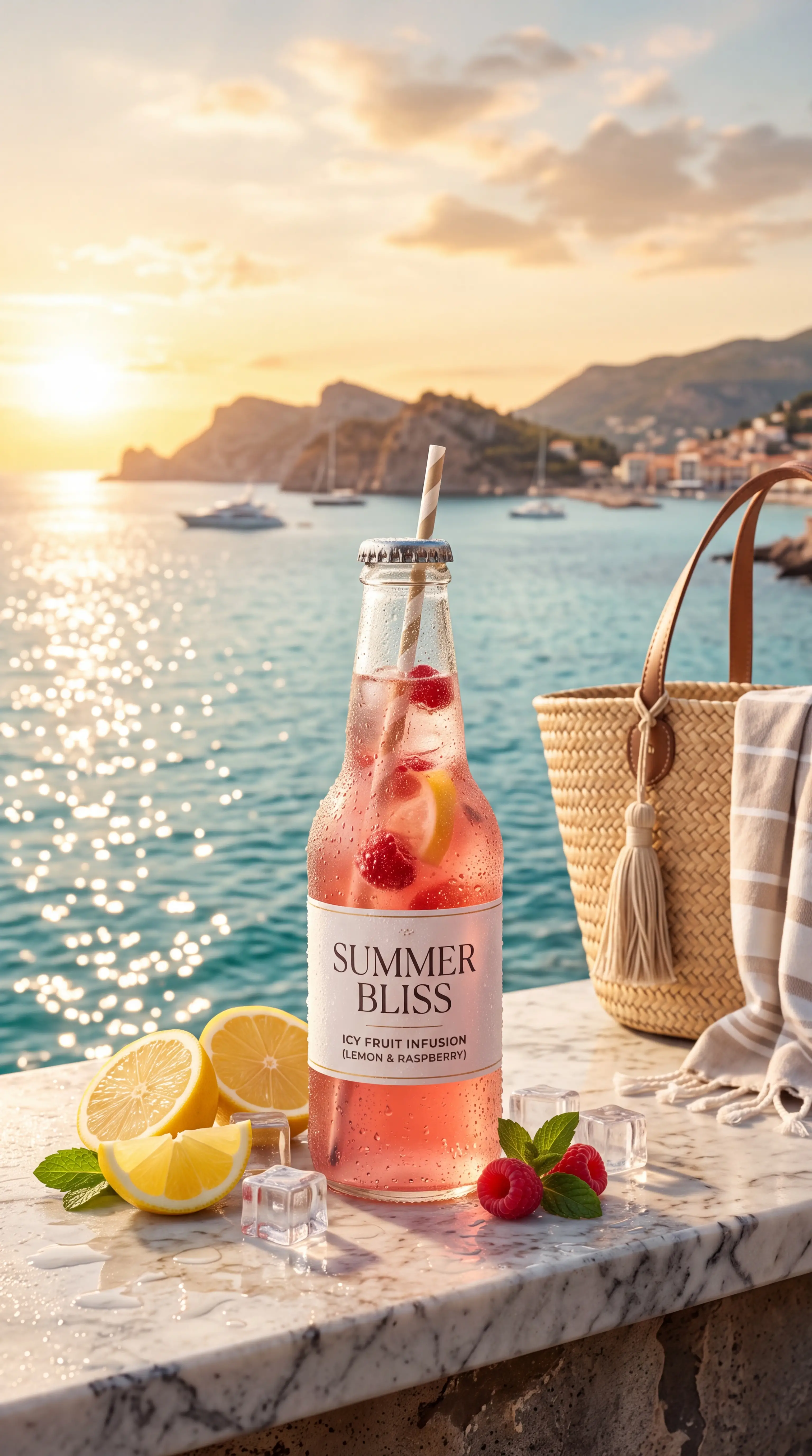 Iced fruit drink bottle on sunny seaside balcony