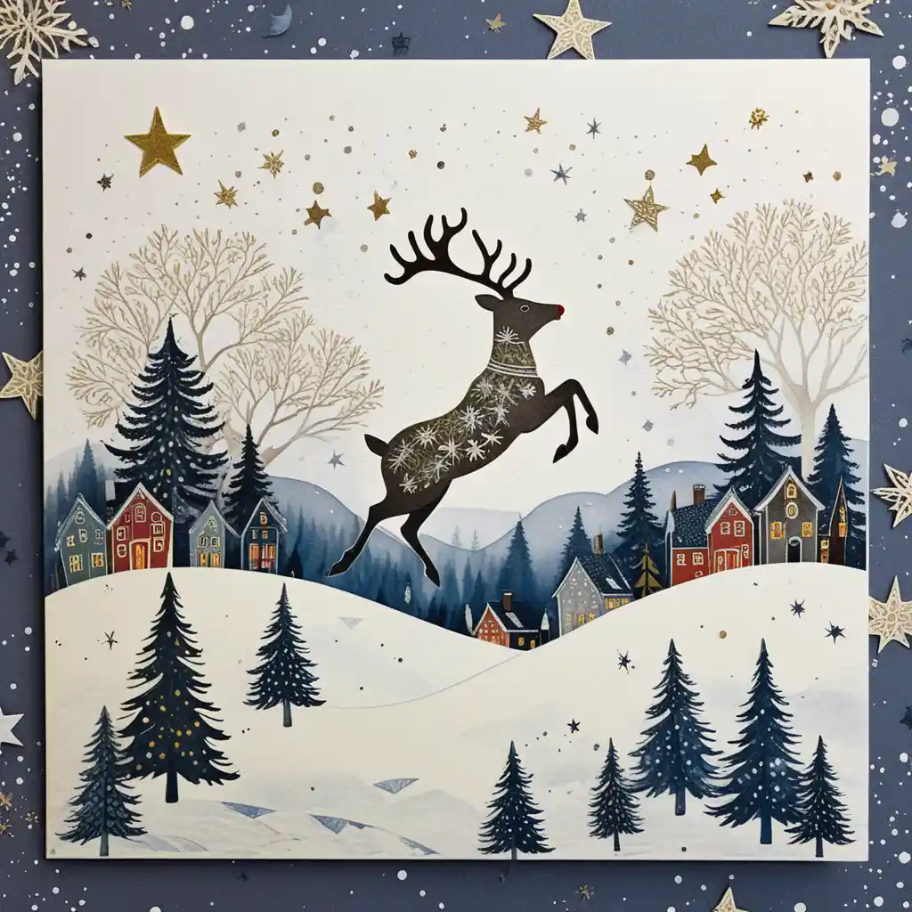 Reindeer Silhouette Leaping Across A Starry Christmas Sky