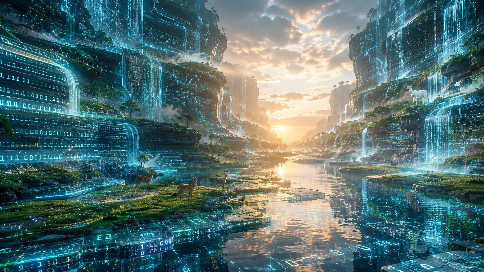Cinematic canyon of data streams and digital canyon walls