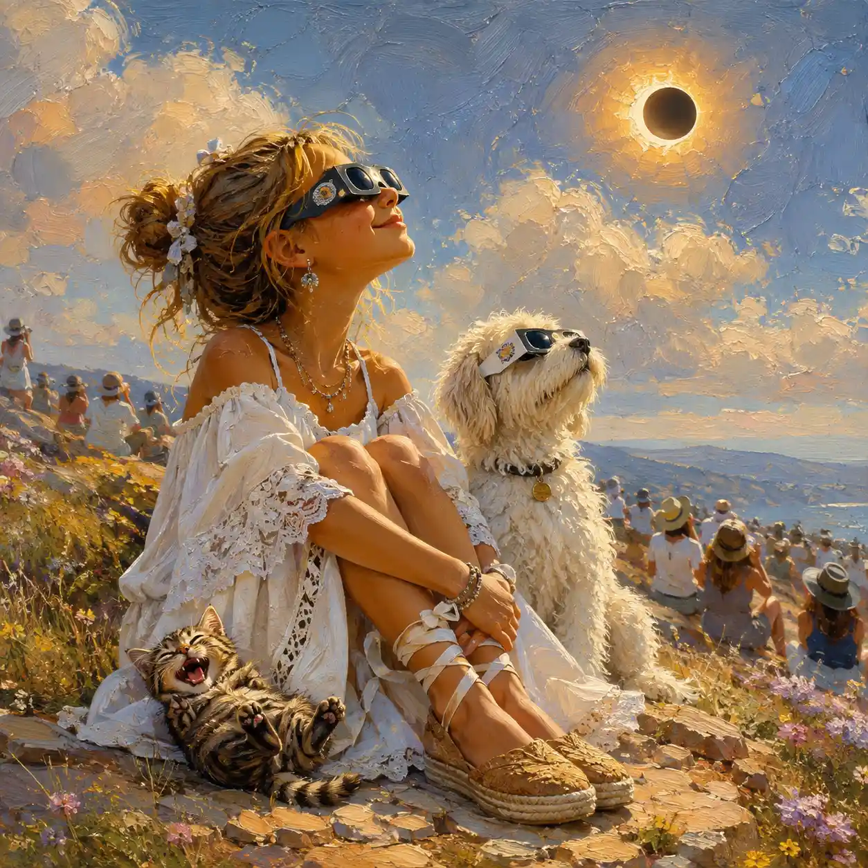 Ragazza e animali domestici che osservano un'eclissi solare su una collina