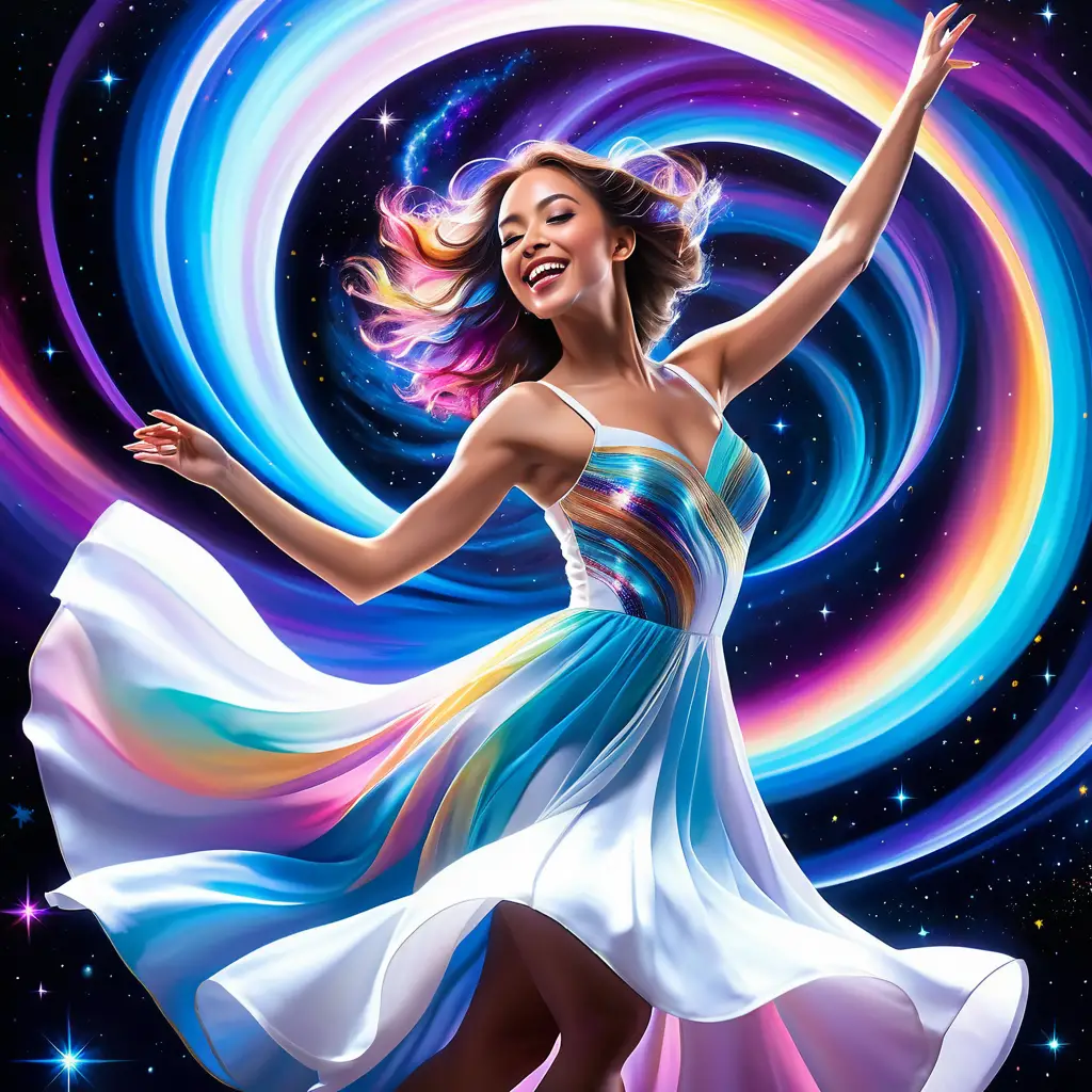 Frau im weißen Kleid tanzt vor leuchtender Spiralgalaxie