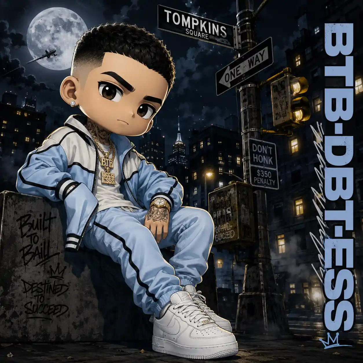 Chibi anime man in blue tracksuit on city street block
