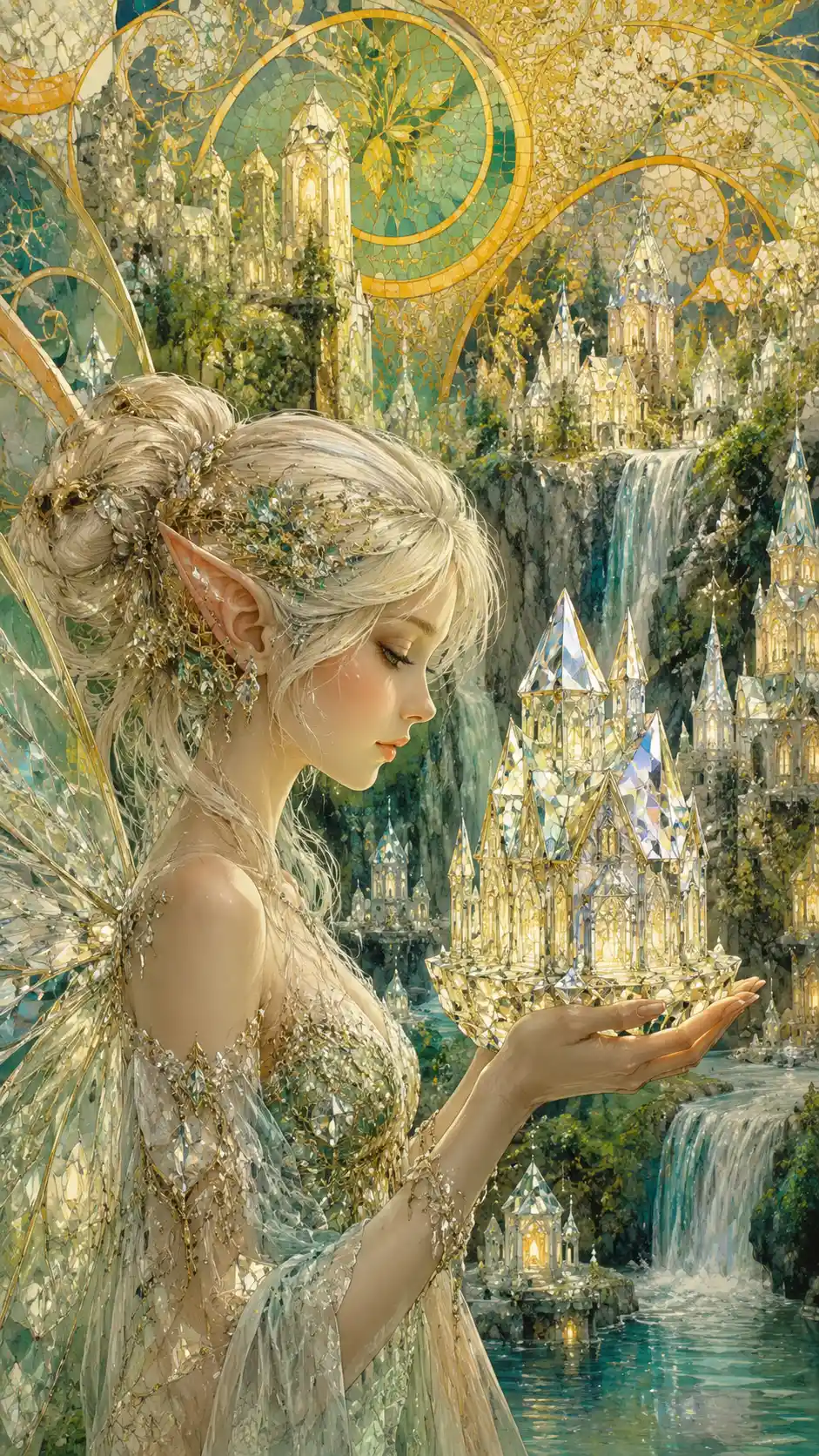 Close up fantasy houses shaped like glowing diamonds