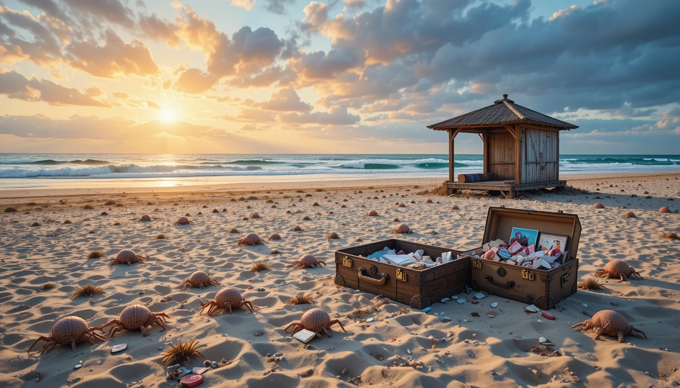 Abandoned luggage on a deserted beach at summer dusk