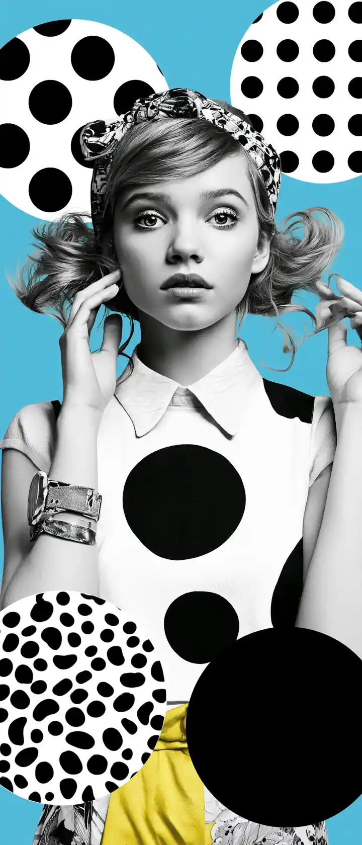 Pop art woman with blue abstract collage background