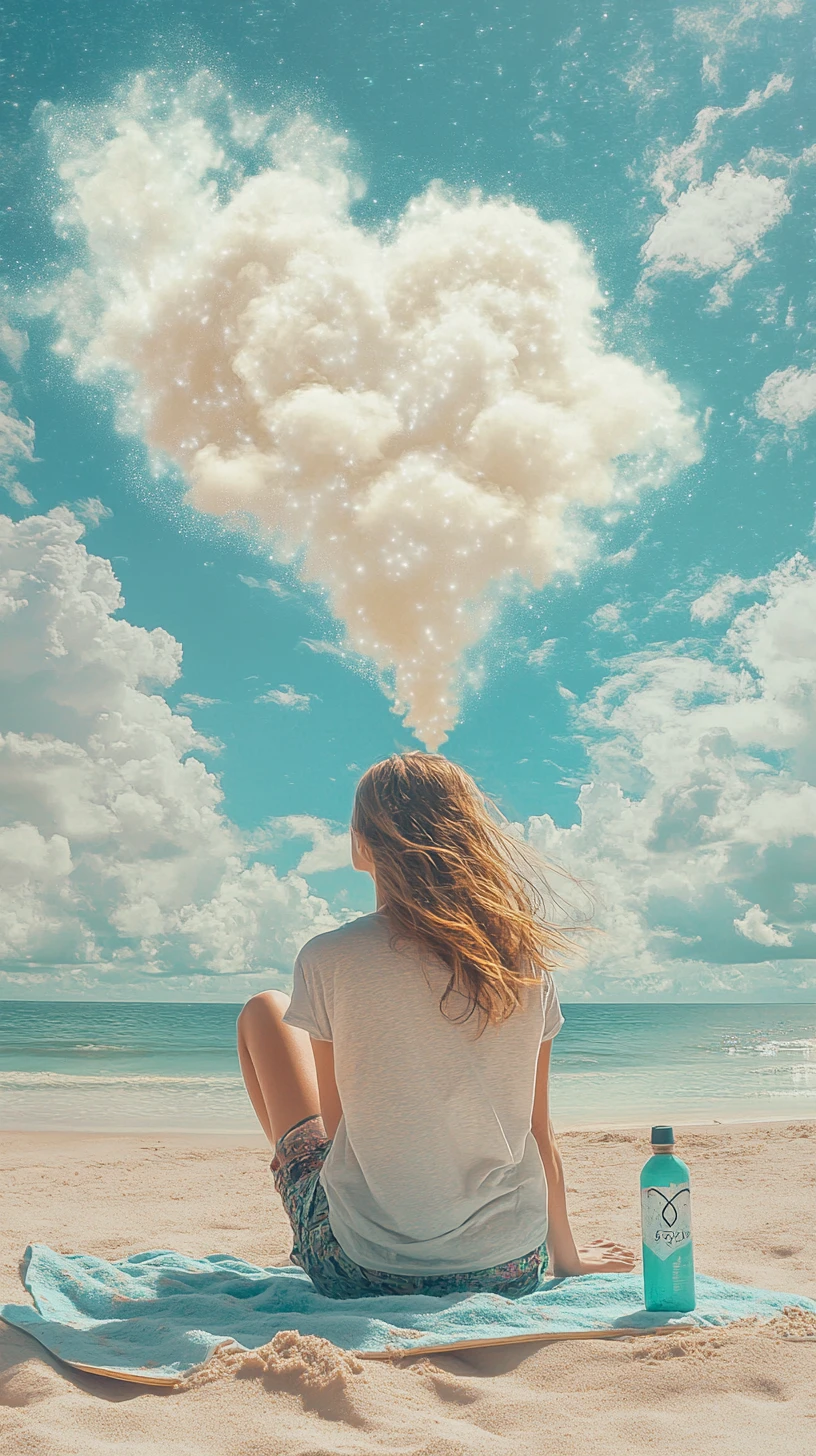 Punk surfer girl on beach spraying a heart shaped cloud