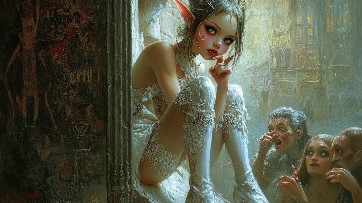 Tiny devil girl in lace and boots in a corner